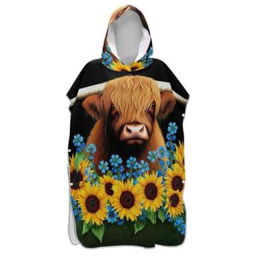 Imagem de Roupão para adultos, poncho de surfe, toalhas de banho com capuz, plus size, ponchos de praia para homens, bonito highland engraçado vaca
