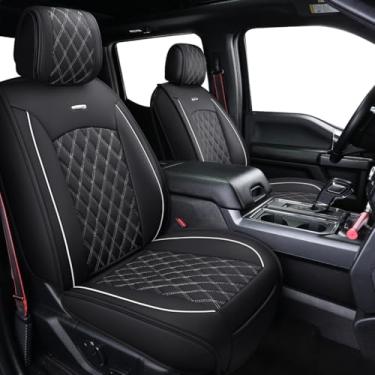 Imagem de Aierxuan – Conjunto completo de capas de assento de carro com couro à prova d'água, capa de almofada automotiva de veículo para carros SUV pick-up caminhão adequado para 2015 a 2020 Ford F150 e 2017 a 2020 F250 F350 F450 (preto e branco)