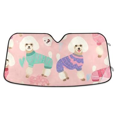 Imagem de Pára-sol rosa para pára-brisa de carro fofo Poodles capa de para-brisa automotiva retrátil personalizada protetor solar floral S, 134,6 cm x 59,7 cm