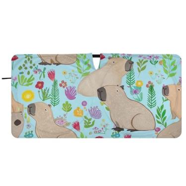Imagem de Capivaras fofas personalizadas flores coloridas guarda-sol para para-brisas de carro engraçadas dobráveis persianas de janela de carro para-brisa frontal floral animal, 81 cm x 157 cm