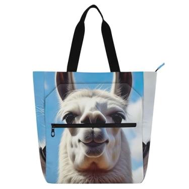 Imagem de Sacola feminina engraçada de lhama branca de alpaca para trabalho, lona, praia, livros, zíper, bolsas para professores, presente para amantes de livros