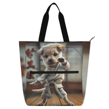 Imagem de GAIGEO Linda bolsa de trabalho feminina com pose de karatê para cães, bolsas de tecido de lona, faculdade, escola, presente reutilizável para amantes de livros