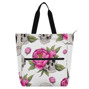 Imagem de GAIGEO Bolsa de mão rosa com caveiras de peônia com zíper para mulheres e crianças, reutilizável, floral, trabalho, escola, bolsa