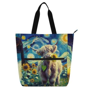 Imagem de GAIGEO Bolsa de trabalho feminina Highland Cow Calf Girassóis de lona para praia com zíper bolsa diária com compartimentos