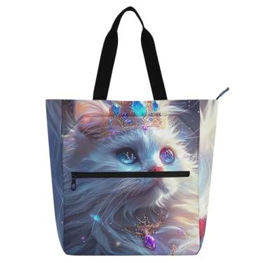 Imagem de GAIGEO Bolsa feminina de trabalho com coroa de gato branco para faculdade universitária bolsa de mão fofa infantil com compartimentos