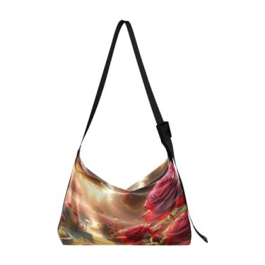 Imagem de Bolsa tiracolo de couro grande com estrelas no céu com árvore, bolsa masculina de couro, bolsa transversal com alça grossa, Jardim cheio de rosas vermelhas, One Size