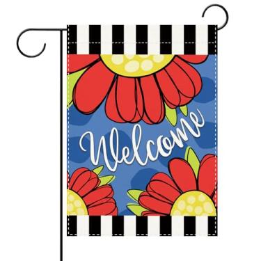 Imagem de Terkki Bandeira decorativa de jardim com girassol de boas-vindas, listras de flores vermelhas, bolinhas pequenas decorações externas, serapilheira floral primavera verão decoração de casa ao ar livre