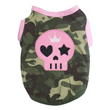 Imagem de Petitebella Camiseta de cachorro filhote de cachorro com cara de caveira rosa (camuflagem, GG)