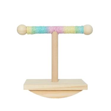 Imagem de AUKCA Suporte de poleiro de madeira para pássaros (11 x 13 cm) - Brinquedo de treinamento de corda arco-íris e plataforma de exercícios de equilíbrio para pássaros pequenos: periquitos, periquitos