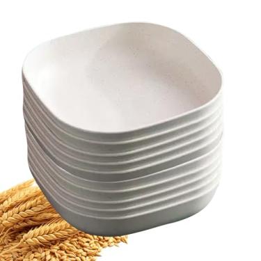 Imagem de YuanQ Pacote com 10 pratos de salada quadrados profundos de 14,5 cm, inquebráveis, leves, laváveis na lava-louças e no micro-ondas, reutilizáveis para lanche ou salada (bege)