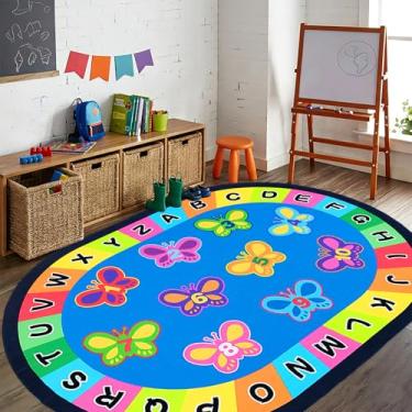 Imagem de USTIDE Tapete oval grande infantil 1,8 x 2,8 m, tapete de aprendizagem de borboleta, tapete educacional ABC, tapete de área de sala de aula, antiderrapante, oval para decoração de quarto