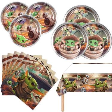 Imagem de Pacote com 41 artigos de festa para bebê Yoda incluem 10 pratos de 18 cm, 10 pratos de 23 cm, 20 guardanapos, 1 toalha de mesa para decoração de festa de aniversário do Yoda