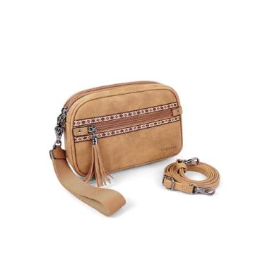 Imagem de FADEON Carteira de pulso feminina, bolsa tiracolo de couro de designer RFID com 5 zíperes, suporte para cartão de crédito, organizador de celular, Estilo nobuck marrom camelo