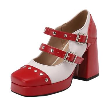 Imagem de Tênis feminino versátil Mary Jane Color Block à prova d'água plataforma grossa super alta fivela dupla tira sapato social PU superior, Vermelho, 35