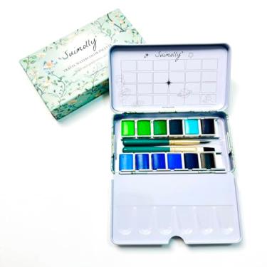 Imagem de Suimolly Conjunto de tinta aquarela, 12 cores com pincel, paleta de metal portátil de viagem para adultos e artistas (tom de floresta oceânica)