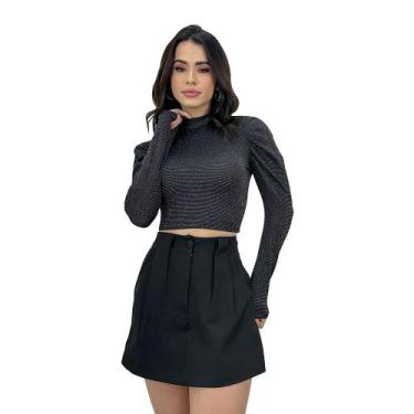 Imagem de Cropped Blusa Manga Longa Bufante Lurex Brilho Moda Festa - SWISS BOUT