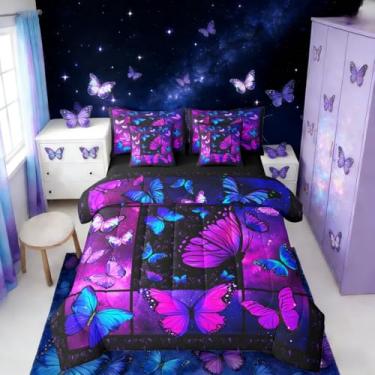 Imagem de Erosebridal Jogo de cama solteiro de 7 peças, borboleta, roxo, galáxia, para meninas e adolescentes, preto, azul, roxo, conjunto de cama com borboletas