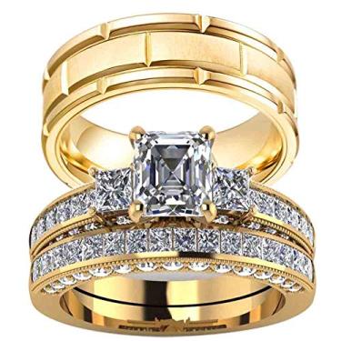 Imagem de Anéis de Casal RingHeart com Três Pedras de Ouro Amarelo com Corte de Princesa Cz Conjuntos de Anéis de Casamento Femininos de Titânio Aliança de Casamento Dourado