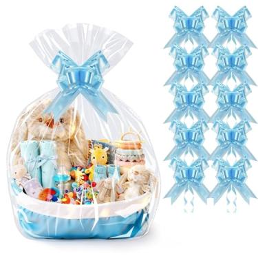 Imagem de PigPotParty Pacote com 10 sacos de celofane com 10 laços, embalagem grande de celofane de 61 cm x 76 cm para cestas de presente, sacos de presente de plástico transparente resistente a rasgos para chá