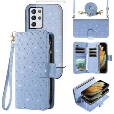 Imagem de Capa carteira compatível com Samsung Galaxy S21 Ultra 5G com zíper para celular e protetor de tela, alça transversal, flip com glitter, porta-cartões, capa para celular S21ultra 21S S 21 21ultra G5