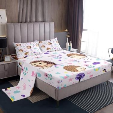 Imagem de Erosebridal Jogo de lençol Queen com desenho animado de ouriço, animais florais, flores roxas, estrelas e nuvens, lençol com elástico alto, 4 peças