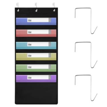 Imagem de Organizador de arquivos de parede com 6 bolsos para pendurar com 3 cabides, gráfico de bolso preto para porta, organizador de pastas de parede, perfeito para casa, escritório, sala de aula