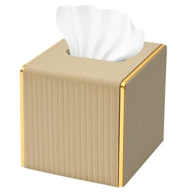 Imagem de Capa de caixa de lenços de couro PU com design de borda envolta de metal decorativo para banheiro, banheiro, quarto, sala de estar, mesa, escritório, carro