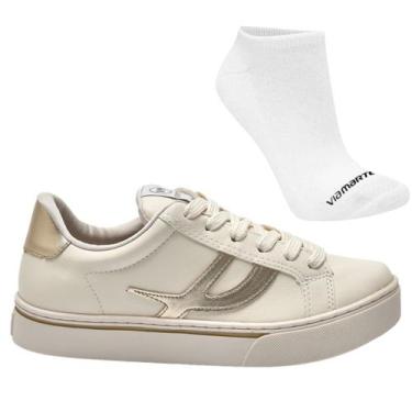 Imagem de Kit Tênis Via Marte 016-012 Feminino e Meia, 38, Bege, Dourado, Femini