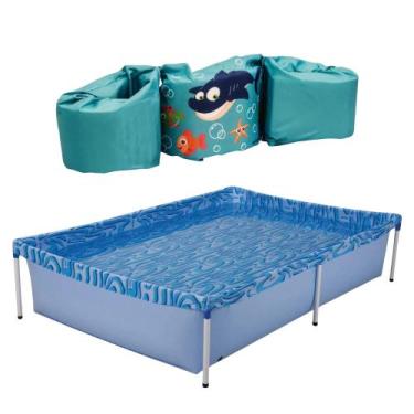 Imagem de COMP Kit Piscina Infantil 1000L Mor Retangular + Boia Colete Tubarão K