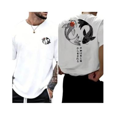 Imagem de Camiseta Masculina Casual De Verão Em Algodão Com Estampa Koi Harajuku