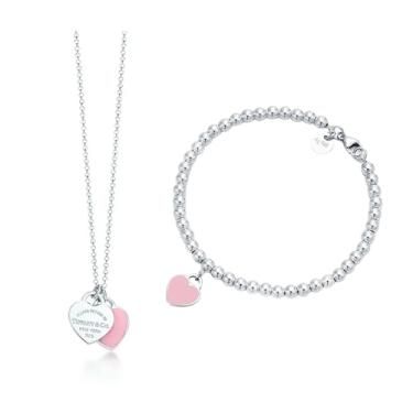 Imagem de Conjunto Tiffany Colar e Pulseira de Prata 925 com Dois Pingentes de Coração Rosa