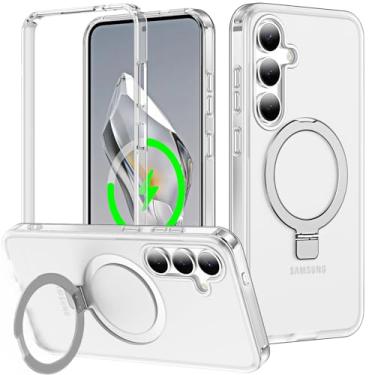 Imagem de Turquiase Capa para Samsung Galaxy S24/S25 com suporte magnético invisível [compatível com MagSafe] sem protetor de tela de camada dupla militar à prova de choque translúcida capa de telefone branca