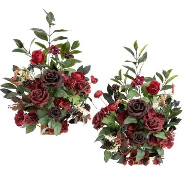Imagem de Ling's moment Arranjos de flores artificiais de 44,5 cm de altura, 2 peças, decorações de cadeira de corredor de casamento, vermelho bordalês, centros de mesa para cerimônia, recepção, rosa, floral