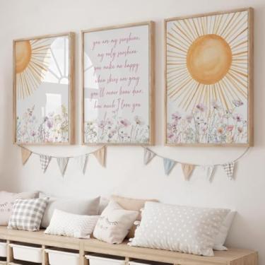 Imagem de Conjunto de 3 impressões de arte de parede, You Are My Sunshine, citação, pôsteres, imagens, roxo, flores silvestres, pintura em tela, arte para decoração de parede de quarto de menina pronto para