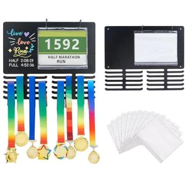 Imagem de SUPERDANT Medalhas de 5 linhas para exibição de medalhas esportivas de corrida com 6 babadores, 20 ganchos, medalhas de corrida e exibição de babadores, organizador de prateleira de ferro, suporte de