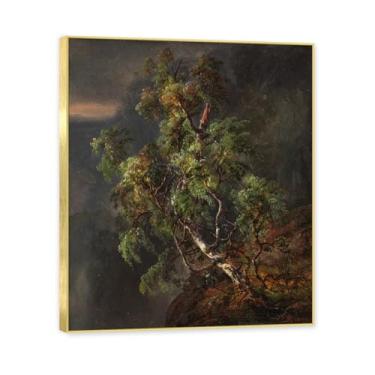 Imagem de NHLDZYH Moldura dourada. Pintura a óleo de paisagem romântica norueguesa famosa, J.C. Dahl, cópia de pintura a óleo clássica emoldurada para sala de estar ou escritório. (bétula em uma tempestade). 60