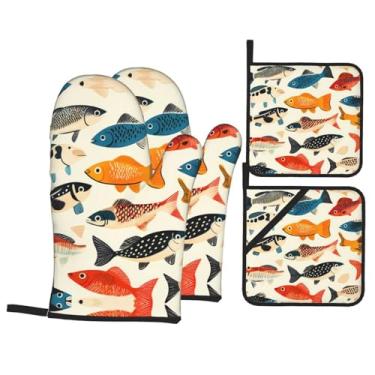 Imagem de Conjunto de luvas de forno impressas com pintura a tinta de postura de peixe, conjunto de 4 peças adequado para grelhar, cozinhar e assar