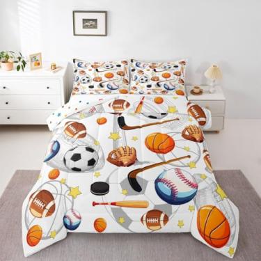 Imagem de Feelyou Jogo de cama solteiro com edredom de futebol, basquete, beisebol, hóquei, para crianças, meninos, meninas, esportes, decoração de quarto, microfibra, 2 peças com 1 fronha
