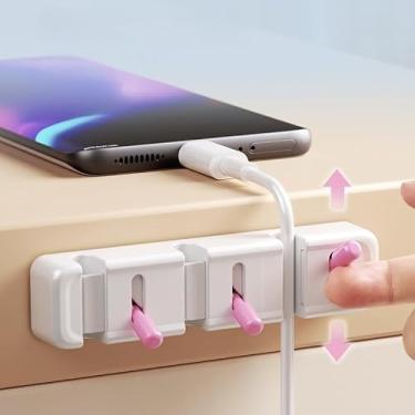 Imagem de Organizador de cabos de ação de alavanca de mesa, suporte de fio de dados com vários compartimentos para gerenciar cabos de carregamento (branco (haste rosa))