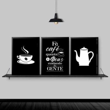 Imagem de Kit 3 Quadros Fé Café E Deus 33X24 Com Vidro - Madeira Preta