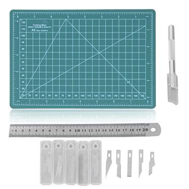 Imagem de Tapete de corte de tecido A5 15 x 22 cm plástico durável escala mm escala mm tapete de corte com lâminas de faca régua para artesanato e costura