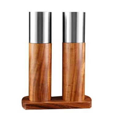 Imagem de Moedor de pimenta de madeira de acácia com suporte conjunto de moedor de sal e pimenta moedor de especiarias de cozinha de madeira moedor de pimenta grosso ajustável (cor: preto)