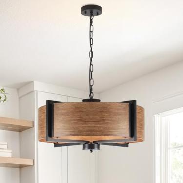 Imagem de Luupyia Lustre de tambor de 60 cm, casa de fazenda, lustre de tambor grande de 6 luzes Lustres rústicos para casa de fazenda, luz pendente grande ajustável em altura para sala de jantar, mesa, cozinha