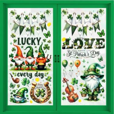 Imagem de Inisajace Adesivos de janela do Dia de São Patrício para janelas de vidro, 9 folhas de gnomo Happy St Patricks Day Window Decorations, Irish Leaf Shamrock Holiday Windows Decalques adesivos para