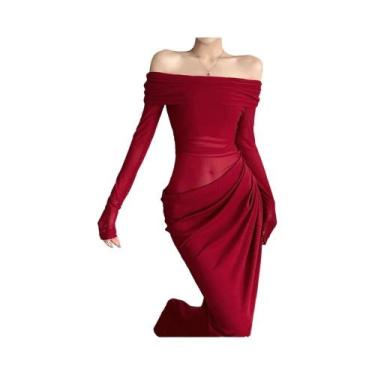 Imagem de Vestido Feminino Sexy De Malha Com Patchwork, Decote Canoa, Franzido, 