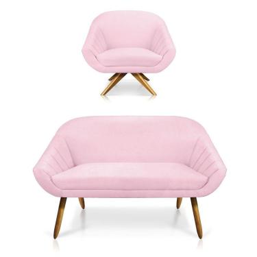 Imagem de Kit 01 Namoradeira 02 Lugares E 01 Poltrona Giovana Suede Rosa Bebê
