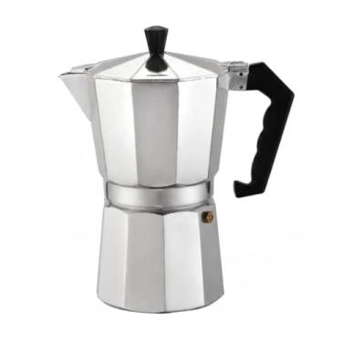 Imagem de Cafeteira Italiana Tipo Moka Alumínio Prateado com Alça Preta Preparo de Café Expresso no Fogão