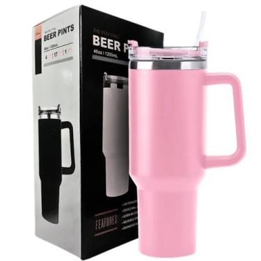 Imagem de Copo Térmico Cor Rosa Claro Grande 1200 Ml Canudo Parede Dupla - Casad