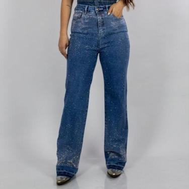 Imagem de Calça Jeans Azul Feminina Wide Leg Diamond Brilhos Pratas Cintura Alta