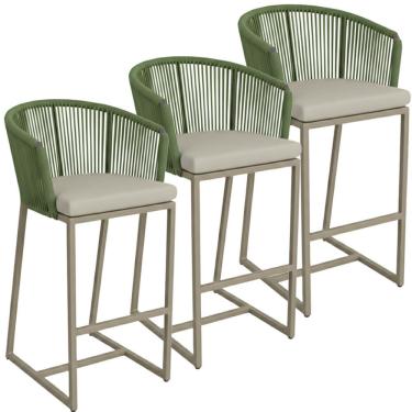 Imagem de 03 Banquetas Noronha Em Alumínio E Corda Náutica Trama Verde Musgo